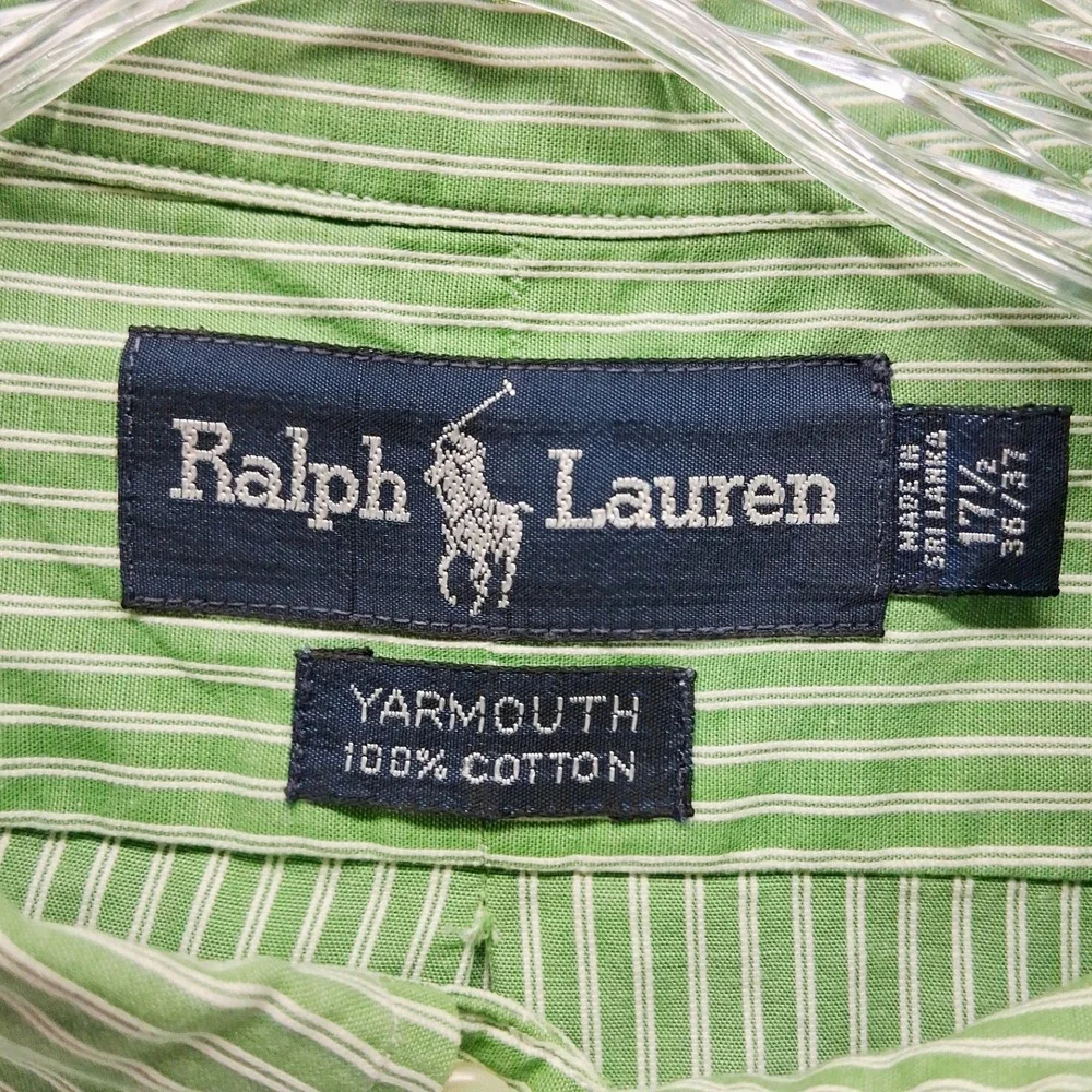 Ralph Lauren Yarmouth Mens 17.5 Green Striped 36/37 Button Down Shirt Preppy